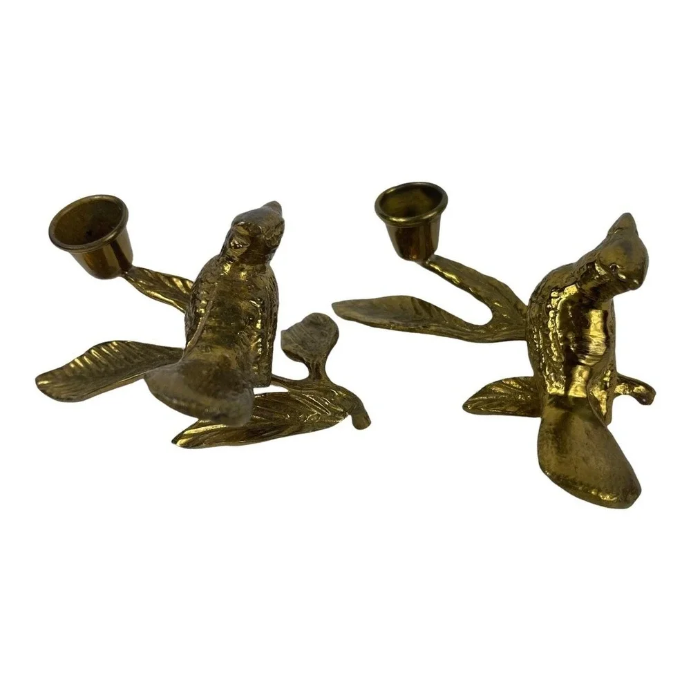 VINTAGE Pair of Brass Or Bronze Birds On A Branch Leaves Taper Candle Holders 2